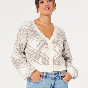HOLLISTER Cropped Cream & Tan Cotton Blend Button-up Argyle Knit Cardigan